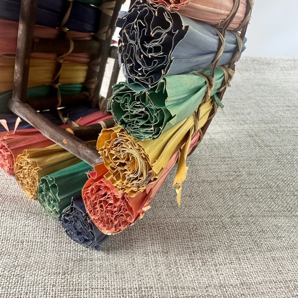 Handmade Woven Twig Planter Cachepot w/ Colorful Palm Leaf Accents